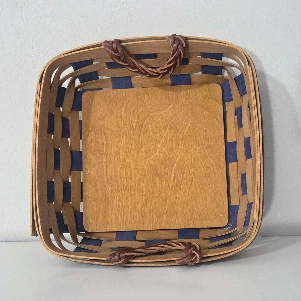 Longaberger 2009 Handmade Basket Blue Green Woven‎ Square Leather Handles USA